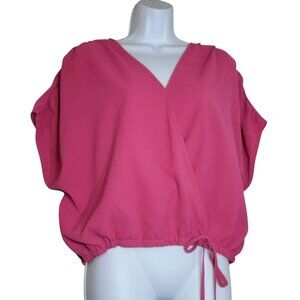 Dreimp Faux Wrap Top, Women L, Hot Pink, Dolman Sleeve, Elastic Waist, 90's, EUC